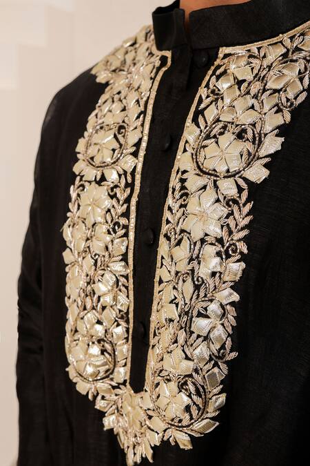 Menero_Black Chanderi Silk, Cotton, Rayon Gota Patti, Kurta And Pathani Salwar Set _at_Aza_Fashions