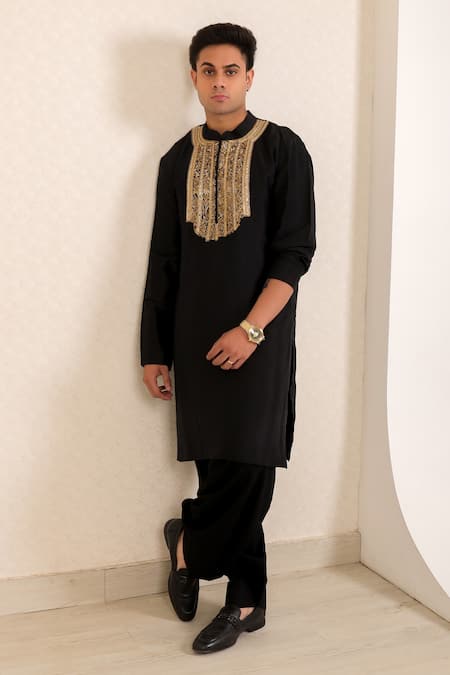 Menero_Black Dupion, Silk, Cotton, Rayon Zari, Zardosi Kurta And Pathani Salwar Set _Online_at_Aza_Fashions