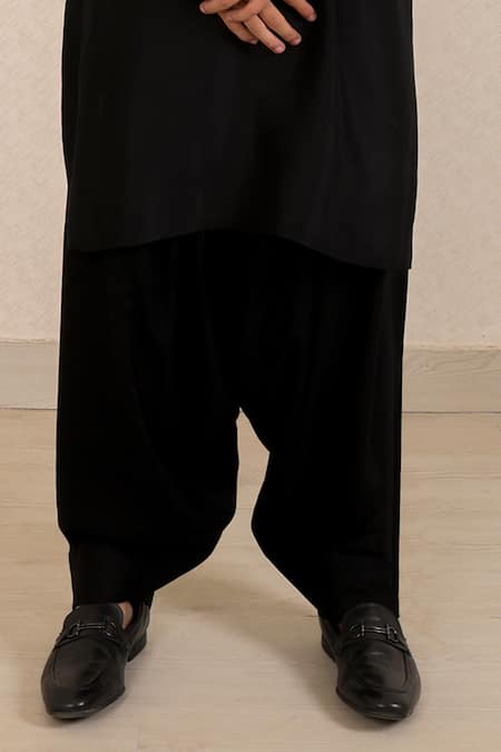 Buy_Menero_Black Dupion, Silk, Cotton, Rayon Zari, Zardosi Kurta And Pathani Salwar Set _Online_at_Aza_Fashions