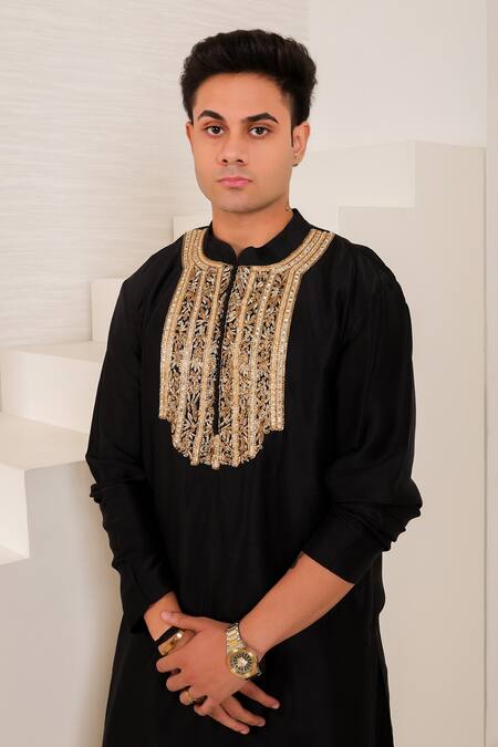 Shop_Menero_Black Dupion, Silk, Cotton, Rayon Zari, Zardosi Kurta And Pathani Salwar Set _Online_at_Aza_Fashions