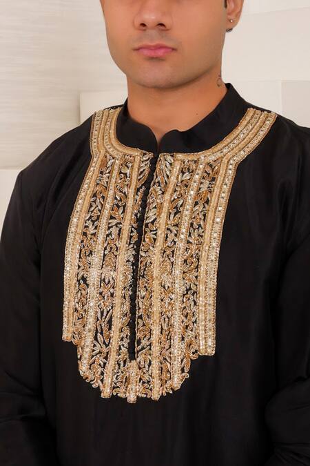 Menero_Black Dupion, Silk, Cotton, Rayon Zari, Zardosi Kurta And Pathani Salwar Set _at_Aza_Fashions