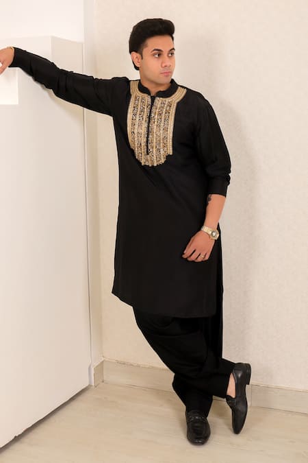 Buy_Menero_Black Dupion, Silk, Cotton, Rayon Zari, Zardosi Kurta And Pathani Salwar Set 