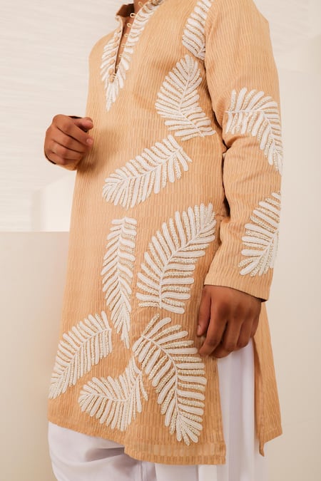 Buy_Menero_Beige Chanderi Silk, Cotton, Rayon Embroidery, Self Fabric Leaf Motif Kurta Set _Online_at_Aza_Fashions