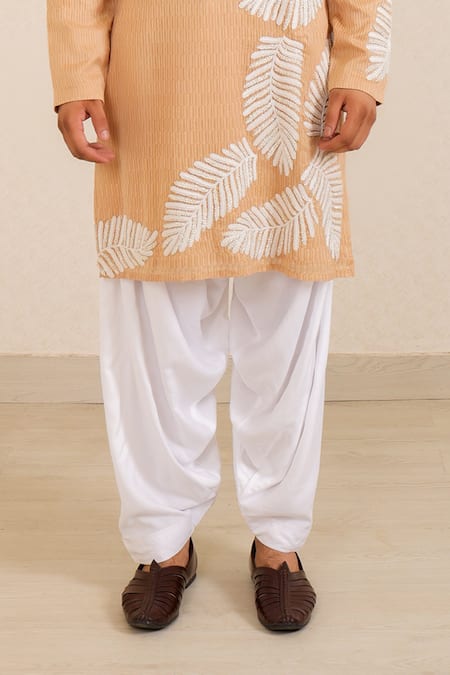 Shop_Menero_Beige Chanderi Silk, Cotton, Rayon Embroidery, Self Fabric Leaf Motif Kurta Set _Online_at_Aza_Fashions