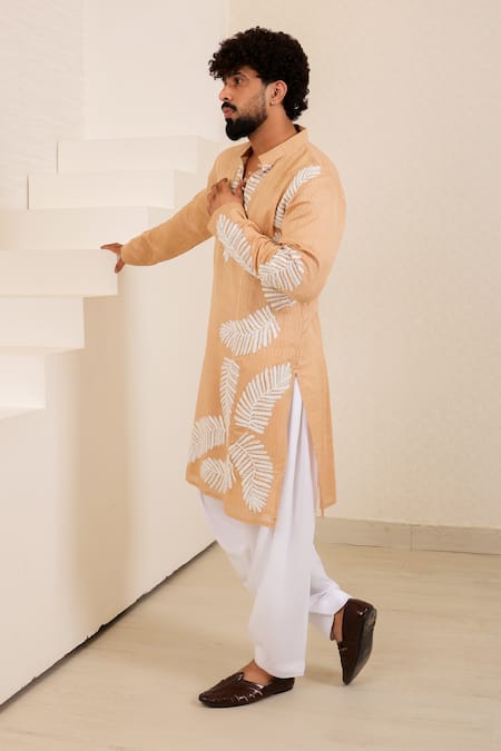 Menero_Beige Chanderi Silk, Cotton, Rayon Embroidery, Self Fabric Leaf Motif Kurta Set _at_Aza_Fashions