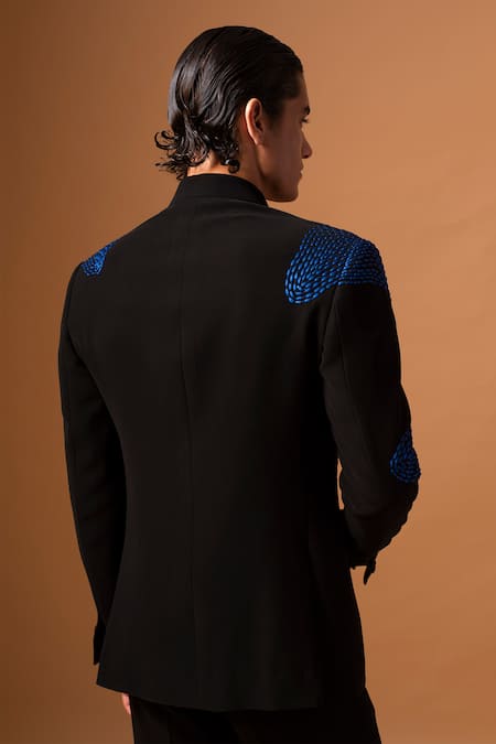 Vivek Patel_Black Crepe Embroidery Scarr Machine Bandhgala And Trouser Set _Online_at_Aza_Fashions