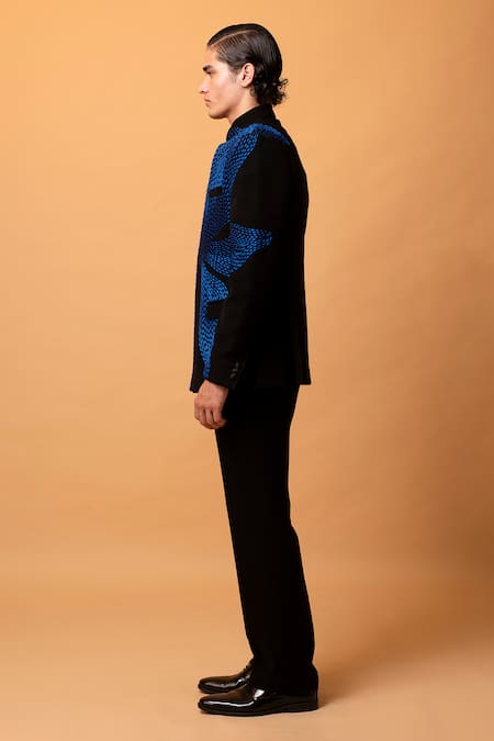 Buy_Vivek Patel_Black Crepe Embroidery Scarr Machine Bandhgala And Trouser Set _Online_at_Aza_Fashions