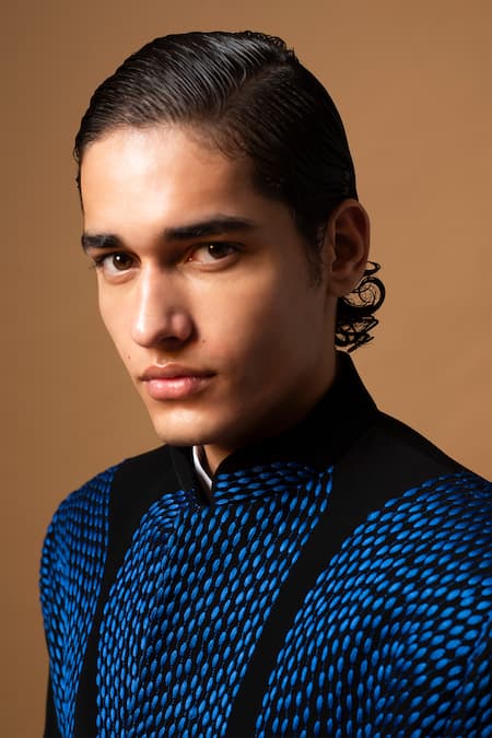 Vivek Patel_Black Crepe Embroidery Scarr Machine Bandhgala And Trouser Set _at_Aza_Fashions