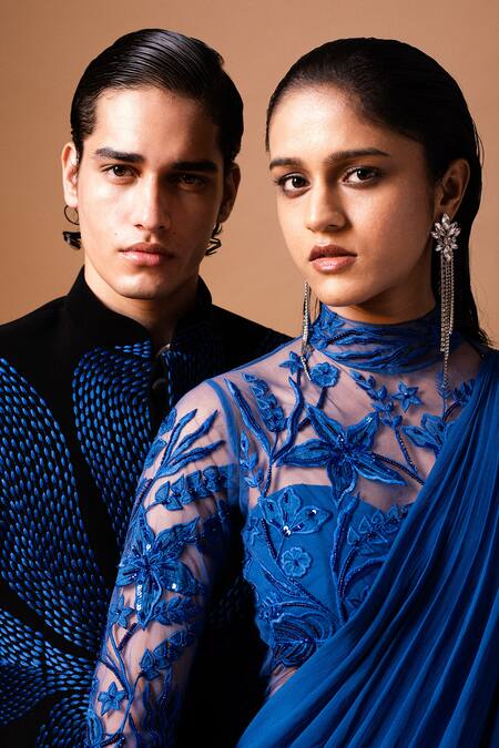 Buy_Vivek Patel_Black Crepe Embroidery Scarr Machine Bandhgala And Trouser Set 