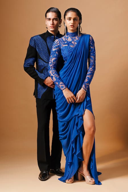 Shop_Vivek Patel_Black Crepe Embroidery Scarr Machine Bandhgala And Trouser Set 