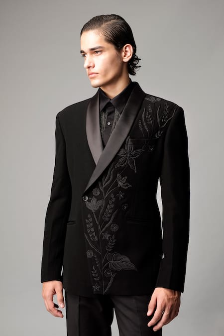 Vivek Patel_Black Crepe, Satin Embroidery Florae Blazer And Trousers Set _Online_at_Aza_Fashions