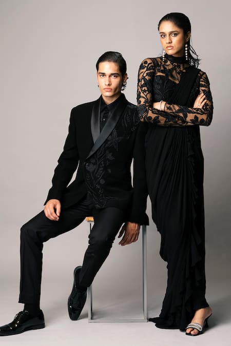 Shop_Vivek Patel_Black Crepe, Satin Embroidery Florae Blazer And Trousers Set _Online_at_Aza_Fashions