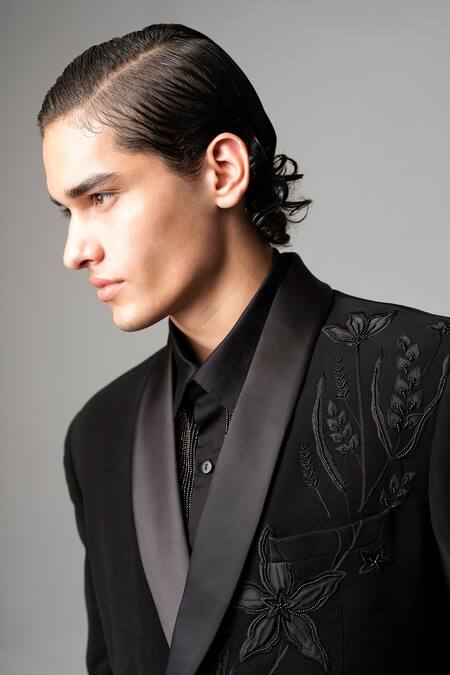 Buy_Vivek Patel_Black Crepe, Satin Embroidery Florae Blazer And Trousers Set 