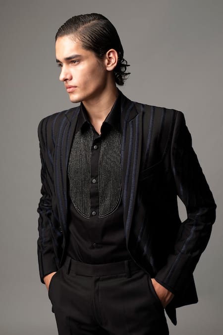 Vivek Patel_Black Twill, Suiting Embroidery Etch Striped Machine Blazer And Trouser _Online_at_Aza_Fashions