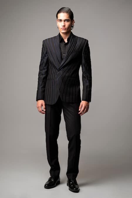 Shop_Vivek Patel_Black Twill, Suiting Embroidery Etch Striped Machine Blazer And Trouser _Online_at_Aza_Fashions