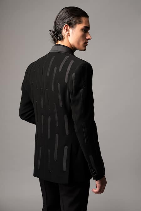 Vivek Patel_Black Satin, Crepe Embroidery Solen Blazer And Trousers Set _Online_at_Aza_Fashions