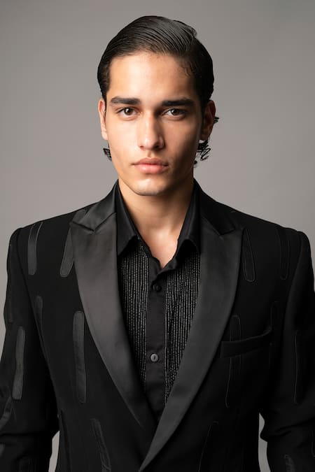 Buy_Vivek Patel_Black Satin, Crepe Embroidery Solen Blazer And Trousers Set _Online_at_Aza_Fashions