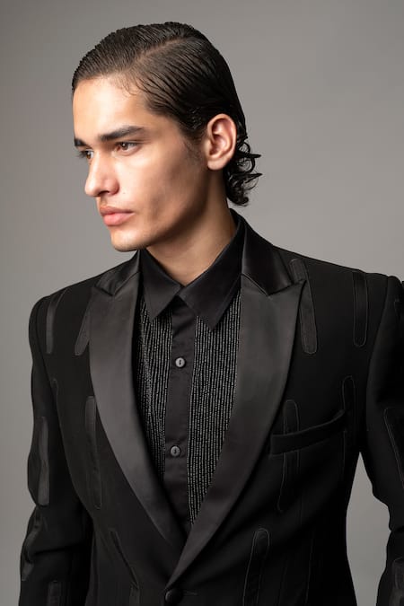 Shop_Vivek Patel_Black Satin, Crepe Embroidery Solen Blazer And Trousers Set _Online_at_Aza_Fashions