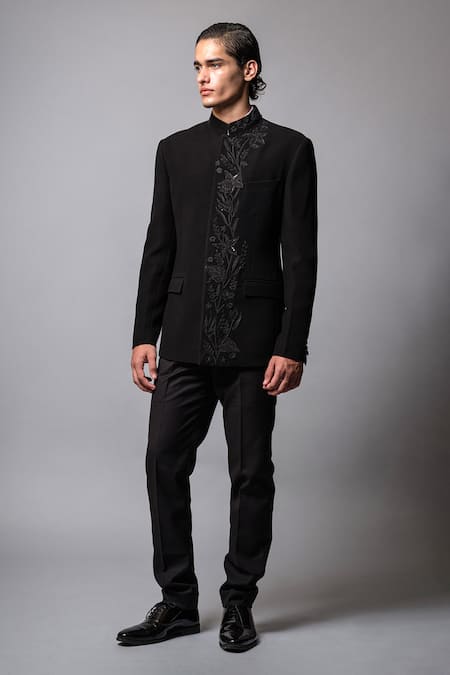 Vivek Patel_Black Crepe Embroidery Silva Floral Bandhgala And Trouser Set _Online_at_Aza_Fashions