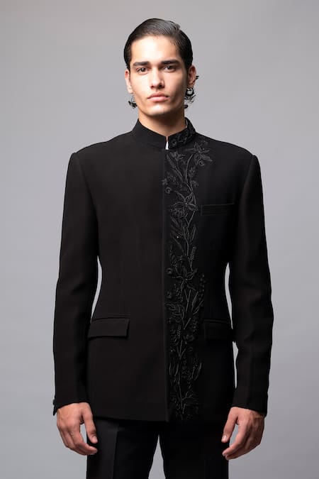 Buy_Vivek Patel_Black Crepe Embroidery Silva Floral Bandhgala And Trouser Set _Online_at_Aza_Fashions