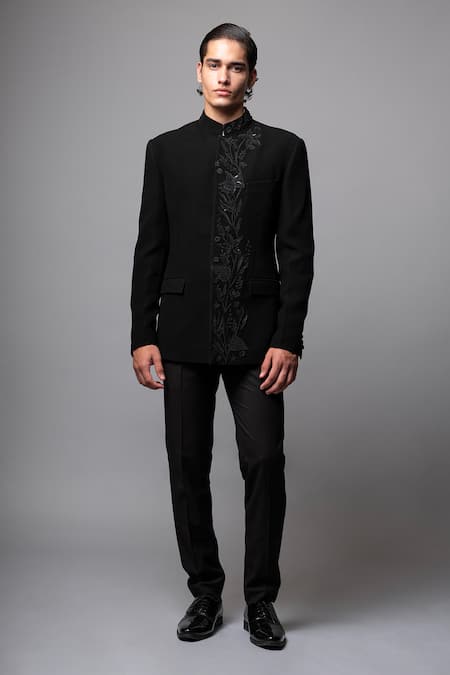 Shop_Vivek Patel_Black Crepe Embroidery Silva Floral Bandhgala And Trouser Set _Online_at_Aza_Fashions