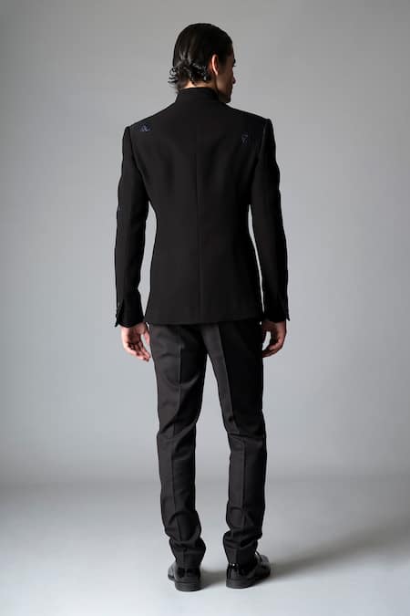 Vivek Patel_Black Crepe Embroidery Silva Floral Bandhgala And Trouser Set _at_Aza_Fashions