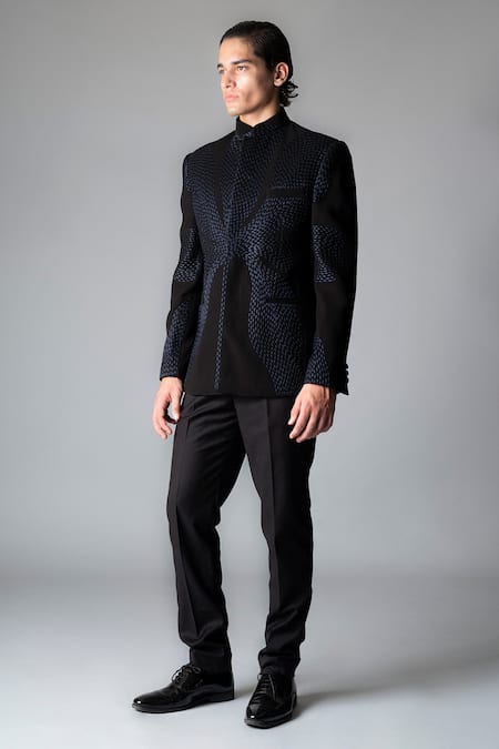 Buy_Vivek Patel_Black Crepe Embroidery Silva Floral Bandhgala And Trouser Set 