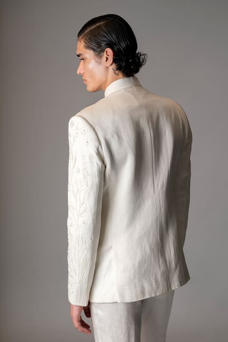 Vivek Patel_Ivory Bemberg, Linen, Satin Embroidery, Albar Floral Bandhgala And Trouser Set _Online_at_Aza_Fashions