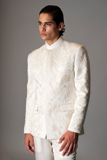 Buy_Vivek Patel_Ivory Bemberg, Linen, Satin Embroidery, Albar Floral Bandhgala And Trouser Set _Online_at_Aza_Fashions