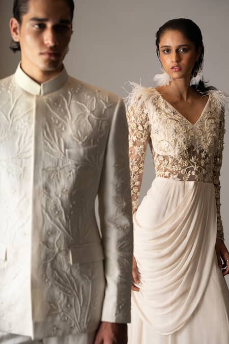Shop_Vivek Patel_Ivory Bemberg, Linen, Satin Embroidery, Albar Floral Bandhgala And Trouser Set _Online_at_Aza_Fashions