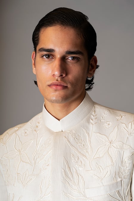 Vivek Patel_Ivory Bemberg, Linen, Satin Embroidery, Albar Floral Bandhgala And Trouser Set _at_Aza_Fashions