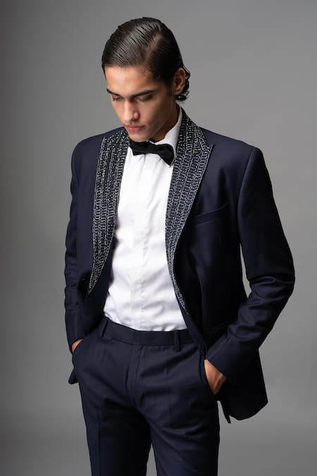 Vivek Patel_Navy Twill, Suiting Embroidery Nero Hand Shawl Lapel Blazer And Trouser _Online_at_Aza_Fashions