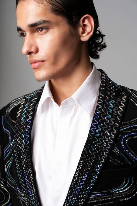Vivek Patel_Black Crepe, Microfiber Sequins, Metallic Marko Wavy Hand Blazer And Trouser Set _Online_at_Aza_Fashions