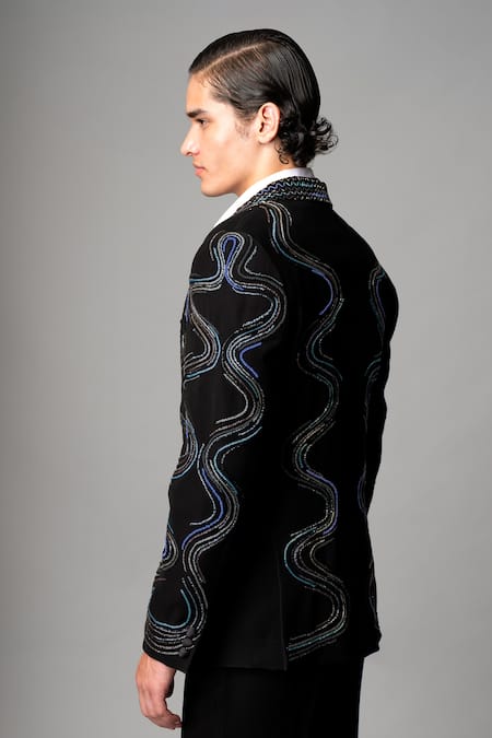 Buy_Vivek Patel_Black Crepe, Microfiber Sequins, Metallic Marko Wavy Hand Blazer And Trouser Set _Online_at_Aza_Fashions