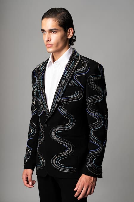 Shop_Vivek Patel_Black Crepe, Microfiber Sequins, Metallic Marko Wavy Hand Blazer And Trouser Set _Online_at_Aza_Fashions