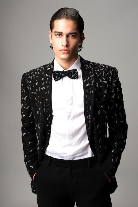 Vivek Patel_Black Crepe Sequins, Beads Drave Hand Embroidered Blazer And Trouser Set _Online_at_Aza_Fashions