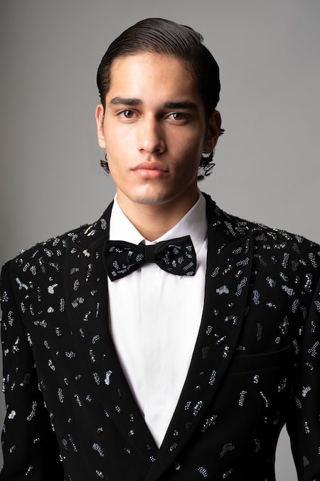 Buy_Vivek Patel_Black Crepe Sequins, Beads Drave Hand Embroidered Blazer And Trouser Set _Online_at_Aza_Fashions