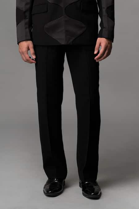 Vivek Patel_Black Crepe, Satin, Organza Embroidery Faro Wavy Applique Blazer And Trouser Set _Online_at_Aza_Fashions