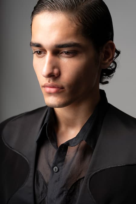 Shop_Vivek Patel_Black Crepe, Satin, Organza Embroidery Faro Wavy Applique Blazer And Trouser Set _Online_at_Aza_Fashions