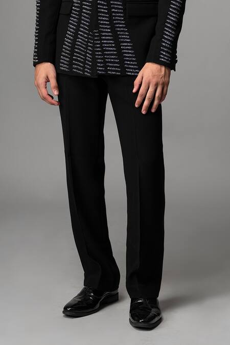 Vivek Patel_Black Microfiber, Crepe Embroidery Scarr Hand Bandhgala And Trouser Set _Online_at_Aza_Fashions