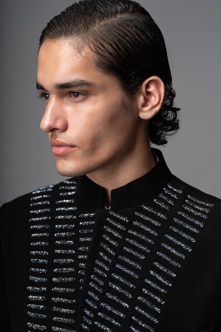 Buy_Vivek Patel_Black Microfiber, Crepe Embroidery Scarr Hand Bandhgala And Trouser Set _Online_at_Aza_Fashions