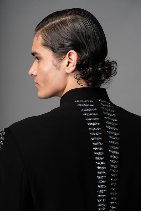 Shop_Vivek Patel_Black Microfiber, Crepe Embroidery Scarr Hand Bandhgala And Trouser Set _Online_at_Aza_Fashions