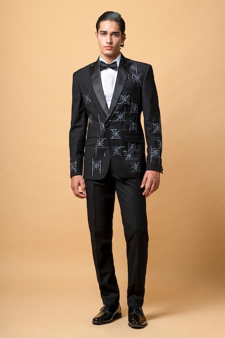 Vivek Patel_Black Suiting, Twill Sequins, Embroidery Rune Geometric Hand Blazer Set _Online_at_Aza_Fashions