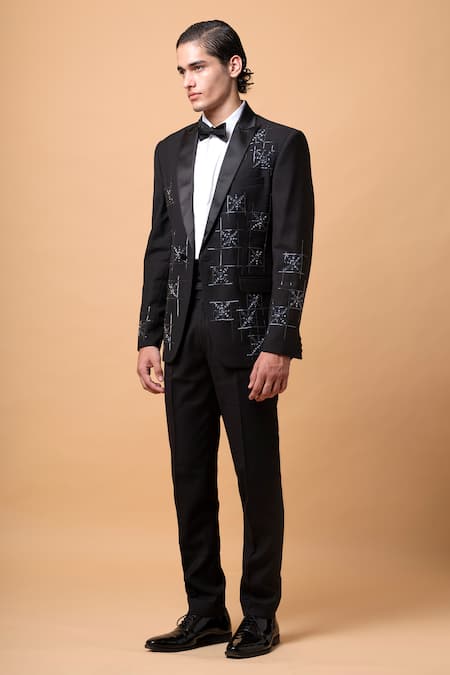 Buy_Vivek Patel_Black Suiting, Twill Sequins, Embroidery Rune Geometric Hand Blazer Set _Online_at_Aza_Fashions