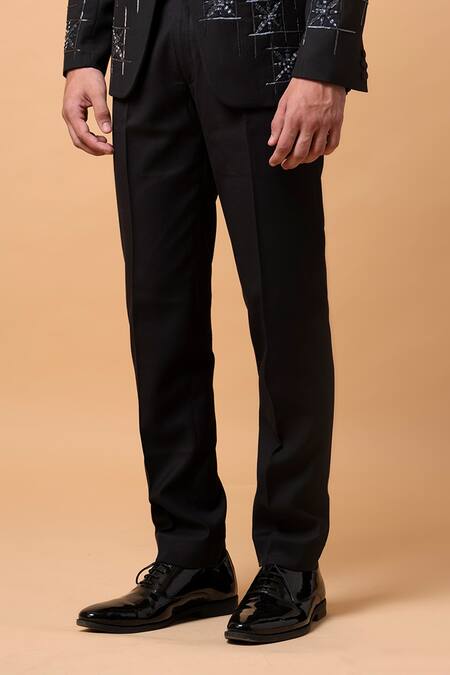 Shop_Vivek Patel_Black Suiting, Twill Sequins, Embroidery Rune Geometric Hand Blazer Set _Online_at_Aza_Fashions