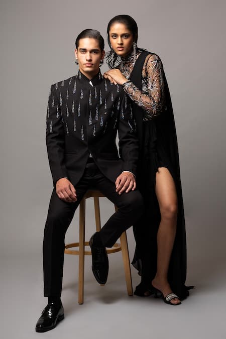 Vivek Patel_Black Twill, Suiting Beads, Tessa Hand Embroidered Bandhgala With Trouser _Online_at_Aza_Fashions