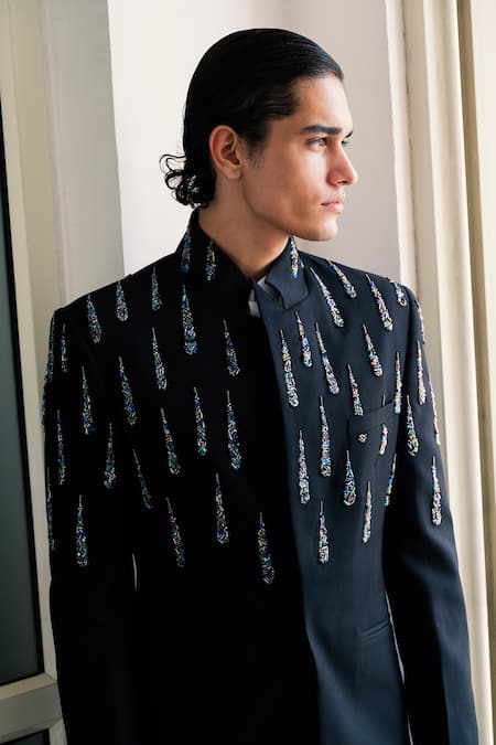 Buy_Vivek Patel_Black Twill, Suiting Beads, Tessa Hand Embroidered Bandhgala With Trouser _Online_at_Aza_Fashions