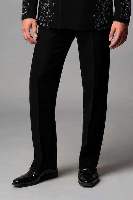 Vivek Patel_Black Crepe, Microfiber Sequins Fractra Hand Embroidered Blazer And Trouser Set _Online_at_Aza_Fashions