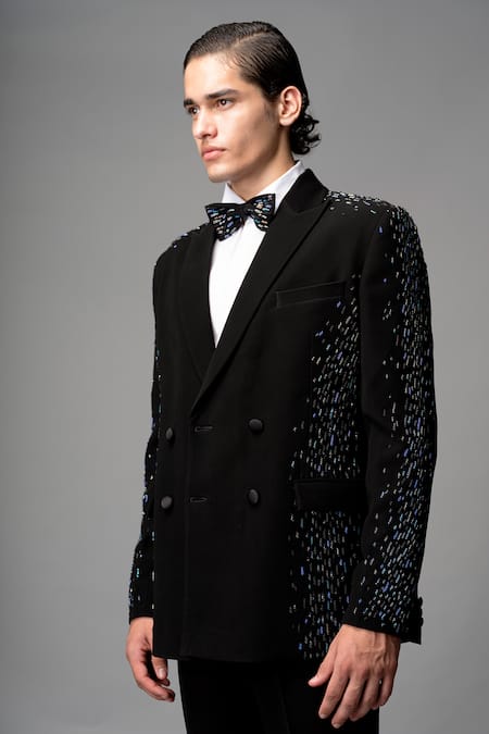 Buy_Vivek Patel_Black Crepe, Microfiber Sequins Fractra Hand Embroidered Blazer And Trouser Set _Online_at_Aza_Fashions