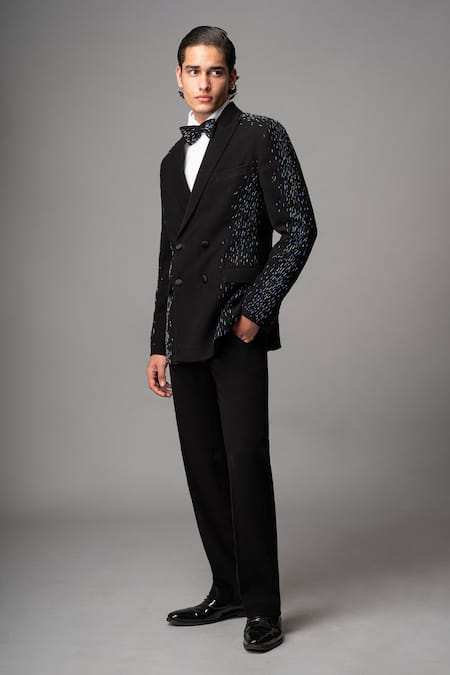 Vivek Patel_Black Crepe, Microfiber Sequins Fractra Hand Embroidered Blazer And Trouser Set _at_Aza_Fashions